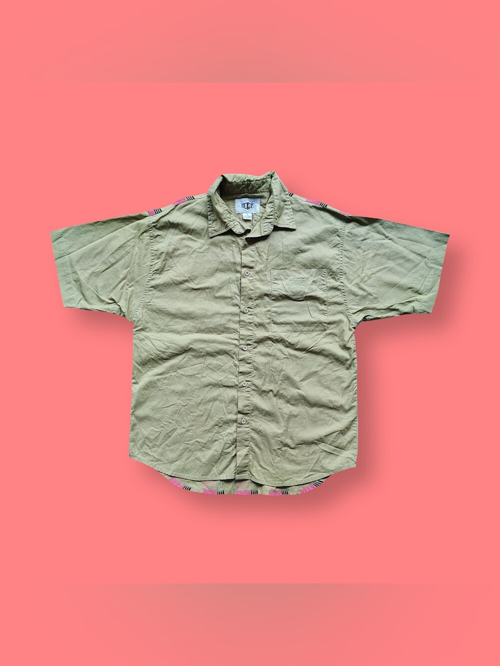 1990s Vintage Dockers Shirt Mens XL Olive Striped Short Sleeve Button Up Cotton